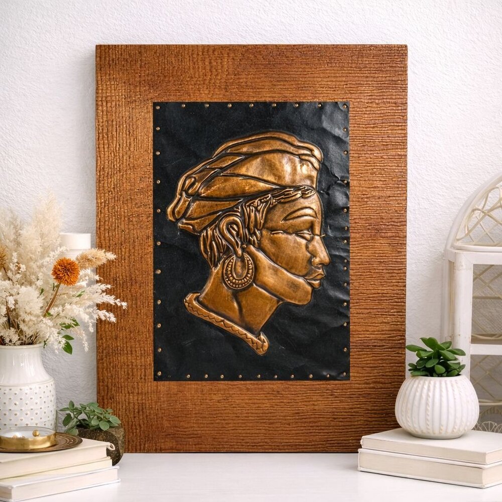 Vintage Handcrafted African Woman Wall Art Wood &‎ Brass Metal Homeware Decor